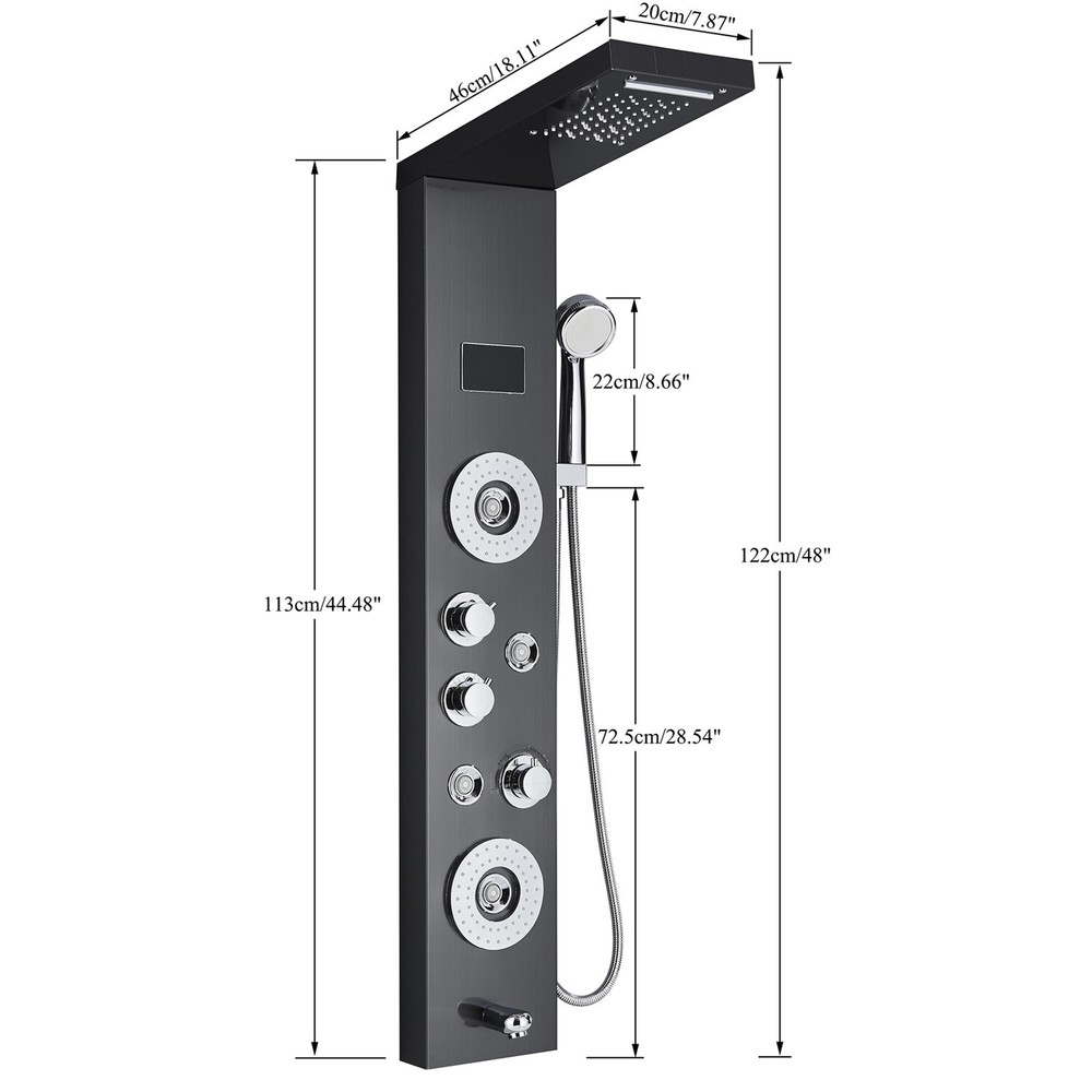 LED Black Shower Panel Tower System W/ 4 Massage Jets Hand Shower Water&Rainfall