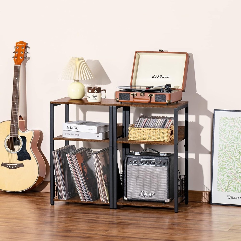 Versatile Brown End Table & Record Player Stand – Storage for 100 Albums