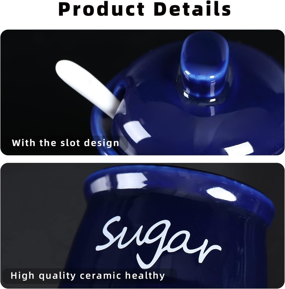 Ceramic Sugar Bowl with Lid and Spoon 12oz Navy