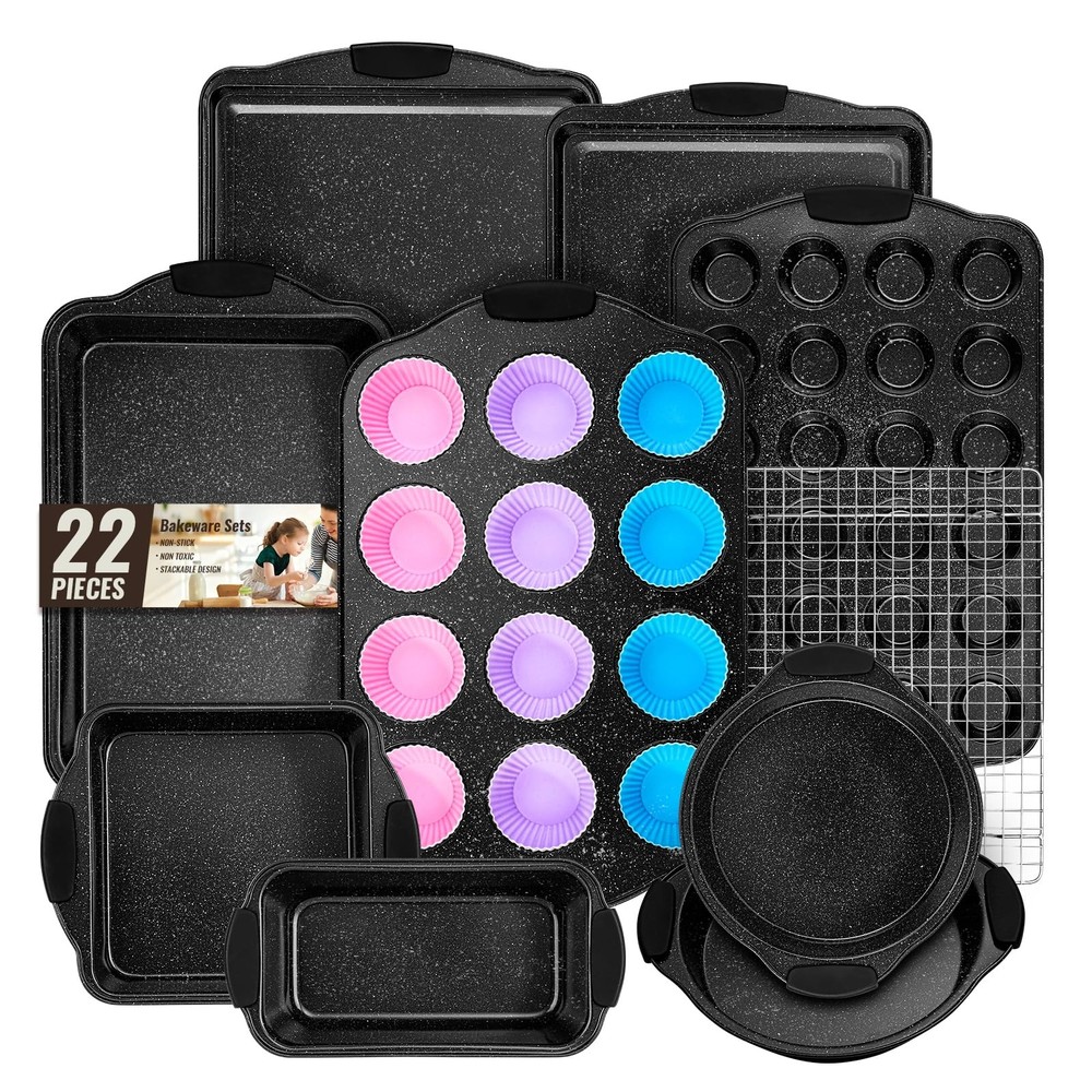 AIVIKI 22 Piece Nonstick Baking Pans Set Stackable Oven Bakeware with Silicone H