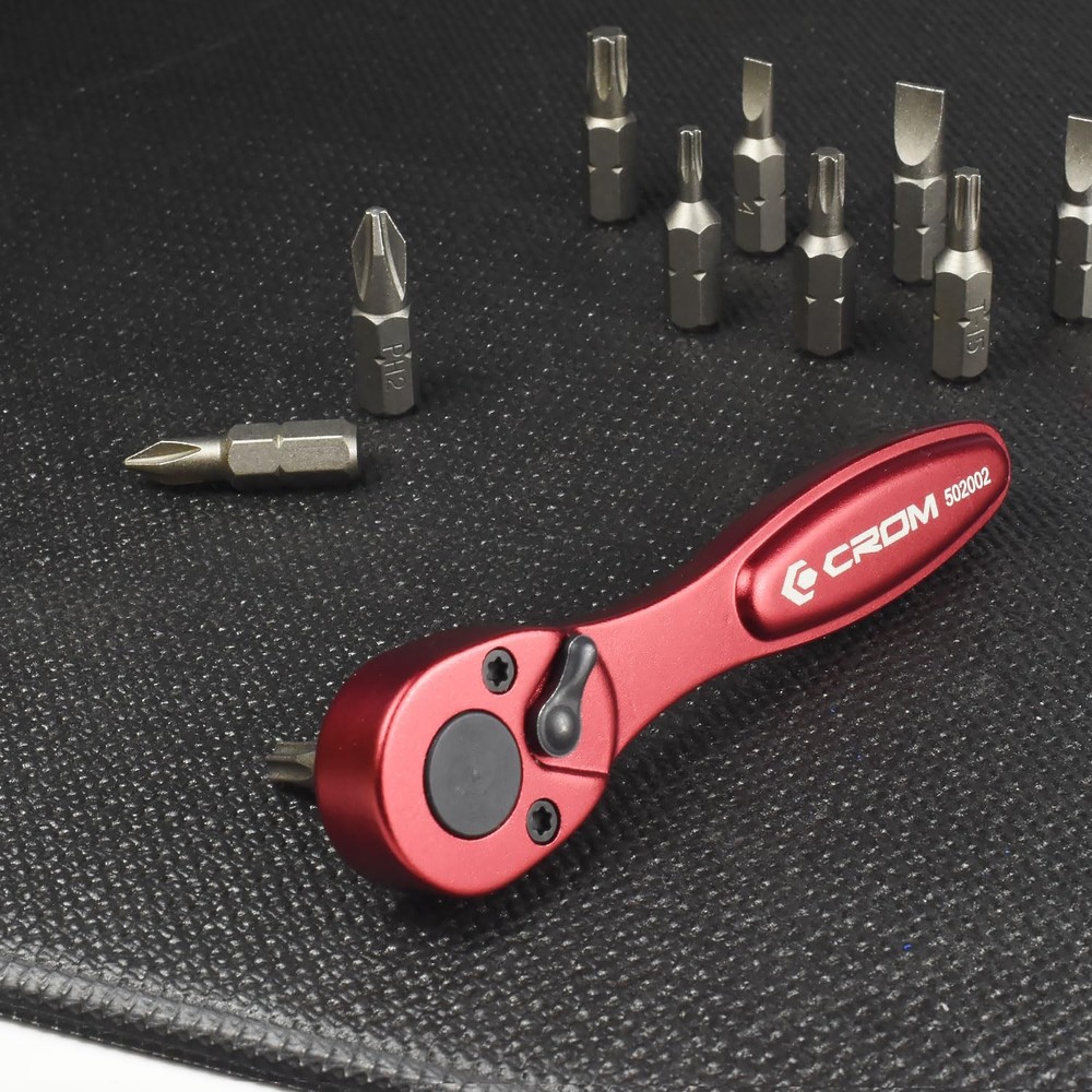 CROM 1/4-inch Drive Mini Ratchet - 72-Tooth Hex Bit Driver, Reversible Red