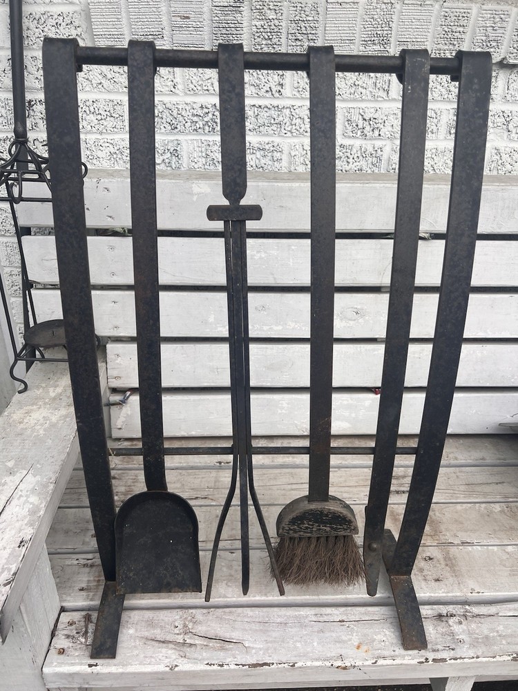 Primitive Style Distressed Iron Fireplace Tools & Rack 5pc Western Rustic