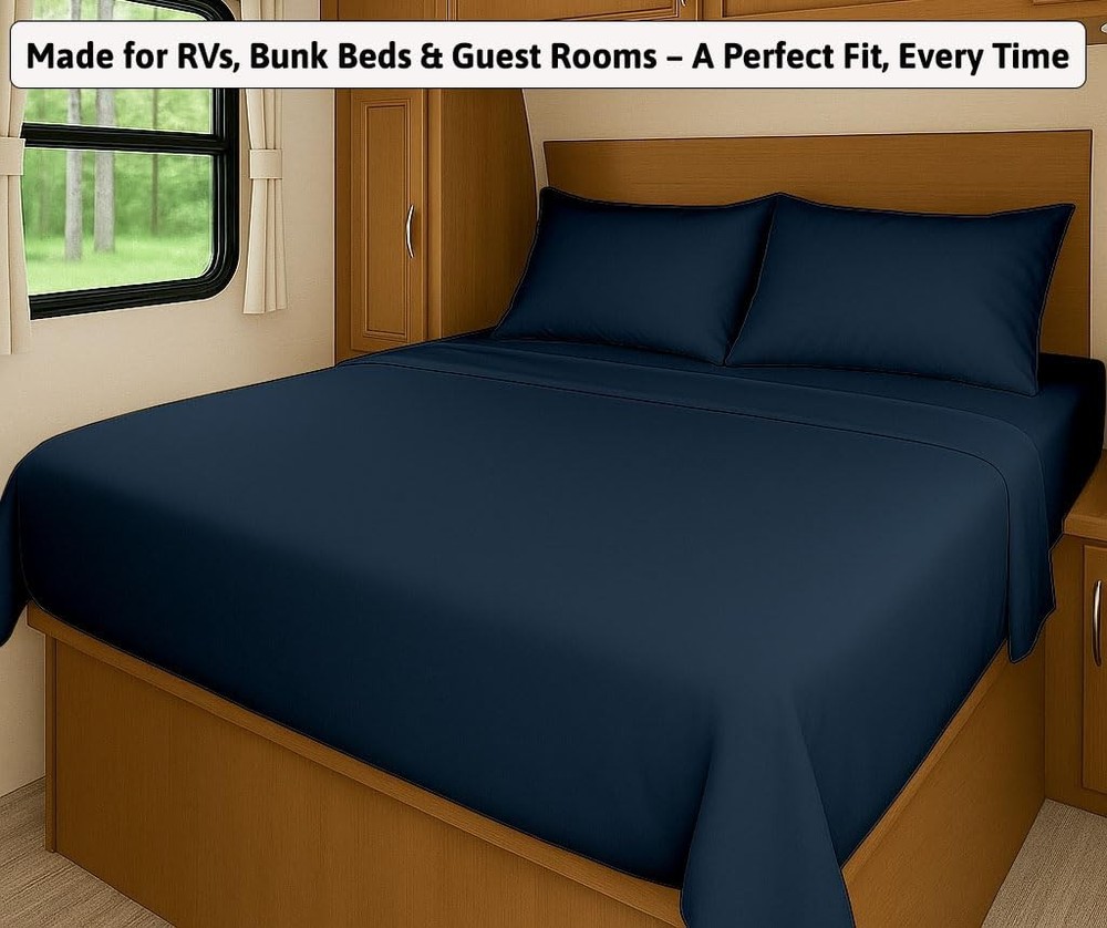 Luxury Microfiber Fitted Bed Sheet Set, 4 Piece, Deep Pocket for RV Bunks, Navy