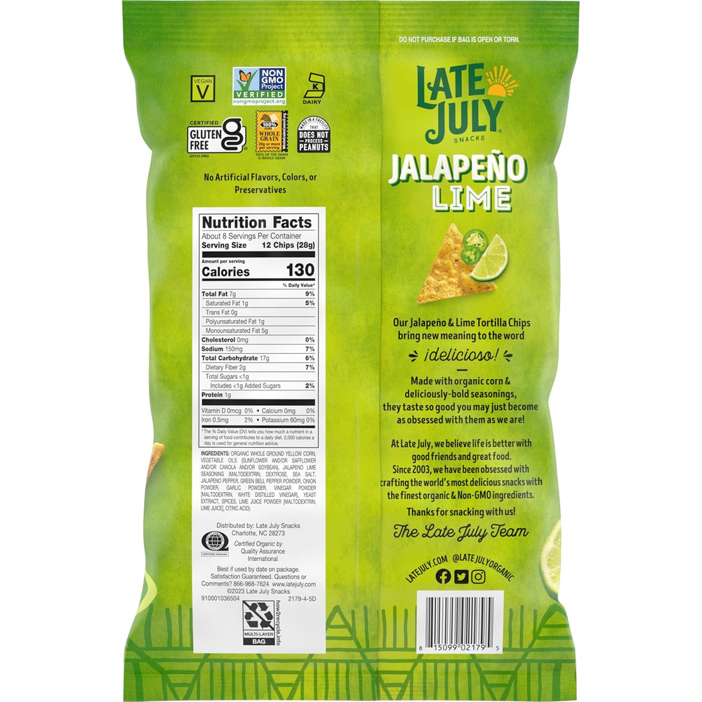 Snacks Jalapeno Lime Tortilla Chips, 7.8 OZ Bag