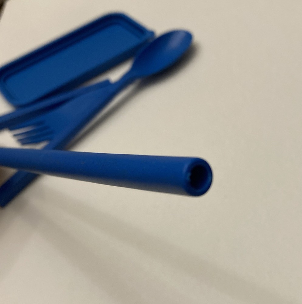 JetBlue Plastic Compact Travel Utility Fork Spoon Straw Set in blue storage case