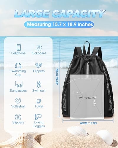 Mesh Swim Bag Drawstring Backpack Beach Backpack for Swimming, Pool, Black