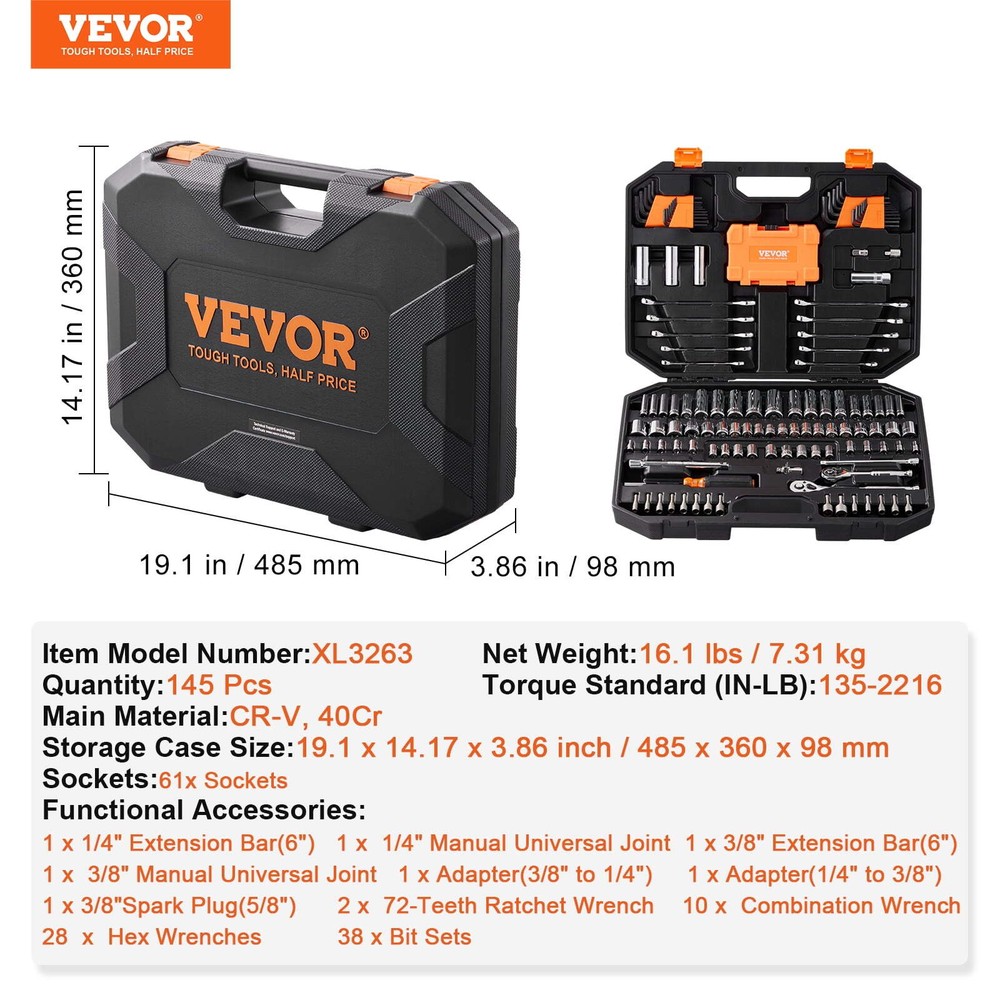 145 SAE and metric mechanical tool kits with drill bits and hex wrenches