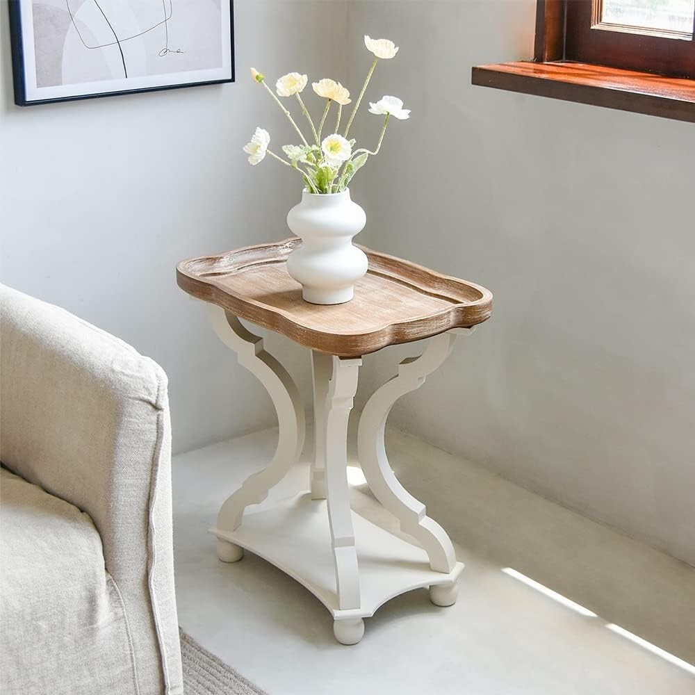 White Accent Side Table Vintage Wood End Table Sofa Table with Bottom Shelf