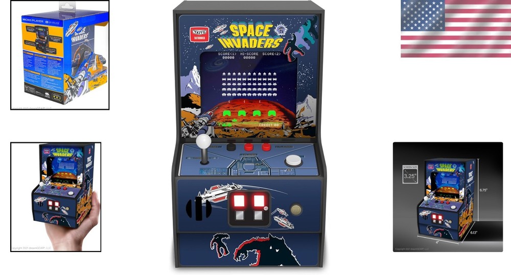 Space Invaders Mini Arcade Machine - 6.75" LED Screen, Fully Playable Retro Game