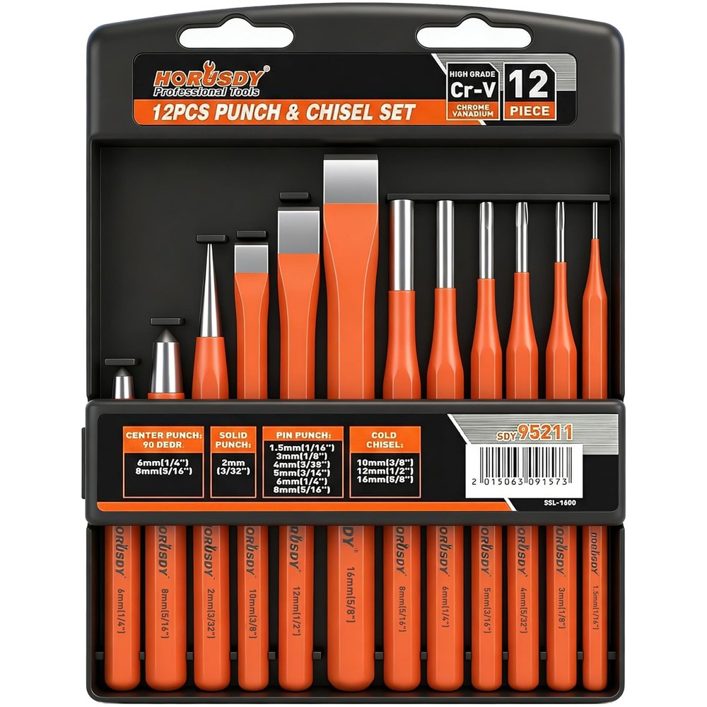 Punch and Chisel Set 12-Piece include Cold Chisels Pin Center