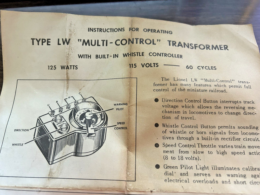 LIONEL LW MULTI CONTROL TRANSFORMER INSTRUCTION Dated 6/60 Postwar