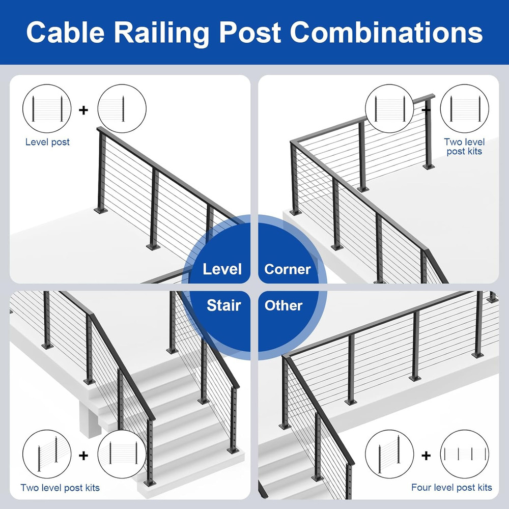 36" Black Cable Railing Post Kit - Adjustable Surface Mount, 2 Level Posts