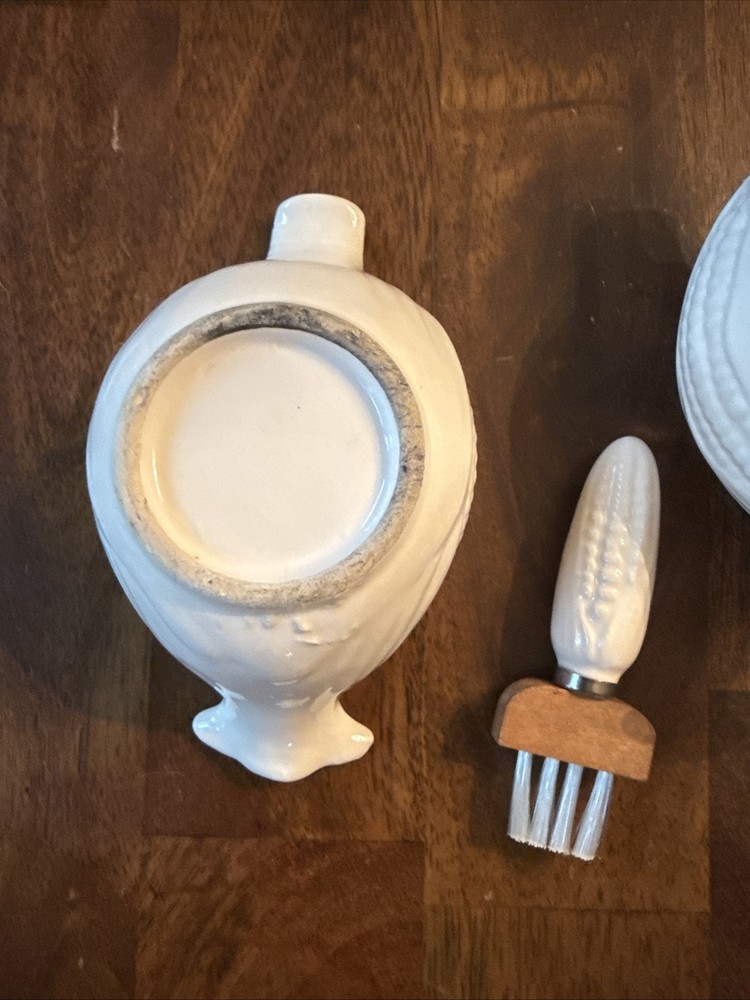 Vintage White Ceramic Corn Butter Dish with Mini Baster