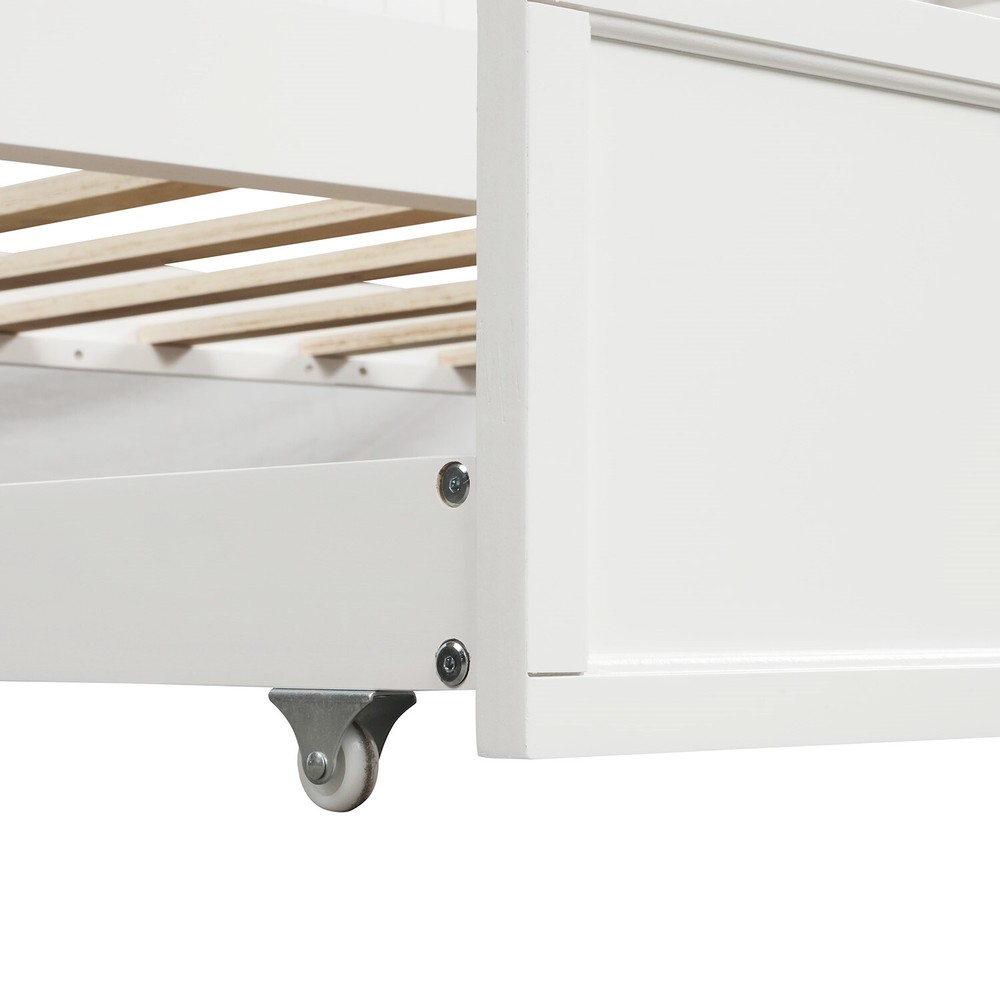Twin Size Daybed Wood Bed Frame Sofa Bed w/ Pull-Out Trundle Bed White US