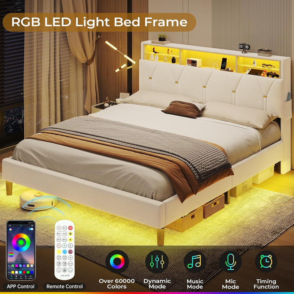 BTHFST Full Size Bed Frame with Headboard Storage & LED Lights, Platform Bed Fra