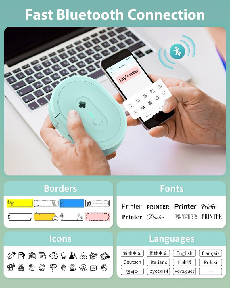 Label Maker Machine with Tape, N12 Portable Bluetooth Label Printer, Wireless Mi