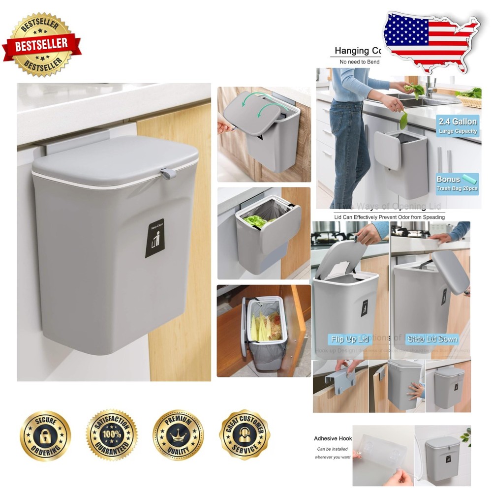 2.4 Gal Kitchen Compost Bin Hanging Lid Odorless ABS Plastic Under Sink