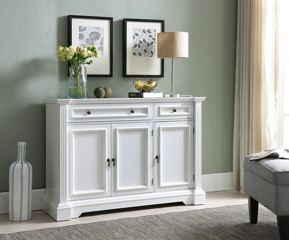 Elegant White Wood Buffet Console Table with Storage & Drawers