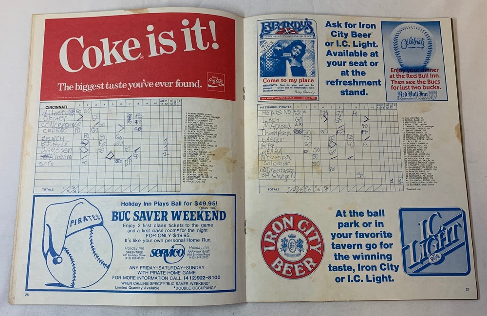 1982 PITTSBURGH PIRATES SCOREBOOK ~ vs Cincinnati Reds