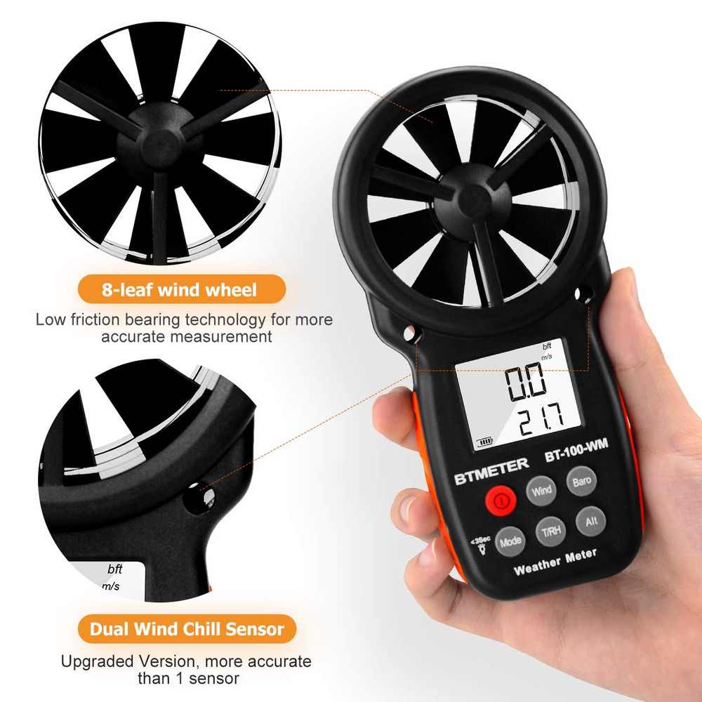 Digital Anemometer Barometer Handheld, for Wind Speed Temperature Wind Chill W/