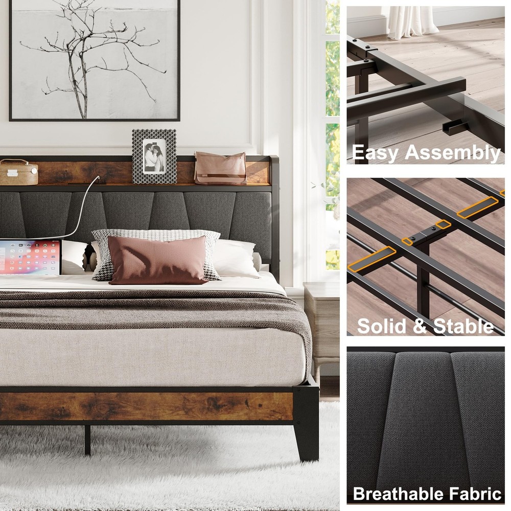 LIKIMIO King Size Bed Frame, Storage Headboard with Charging Station, Solid a...