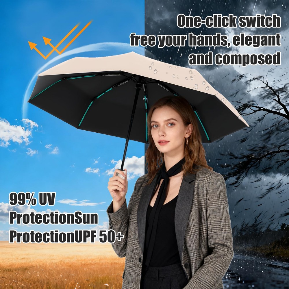 Compact Automatic Folding Travel Umbrella-Windproof Rainproof, PF50+ Sun Prot...