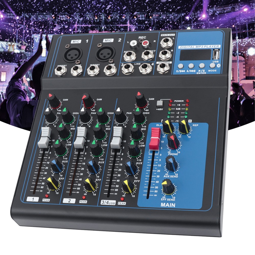 4-Channel Bluetooth USB Audio Mixer with Reverb for DJs and Performances