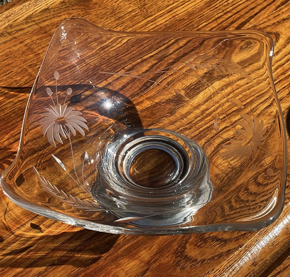 VTG Solid Sterling Silver Base Etched Glass Bowl, 925, Floral Design Wave Square