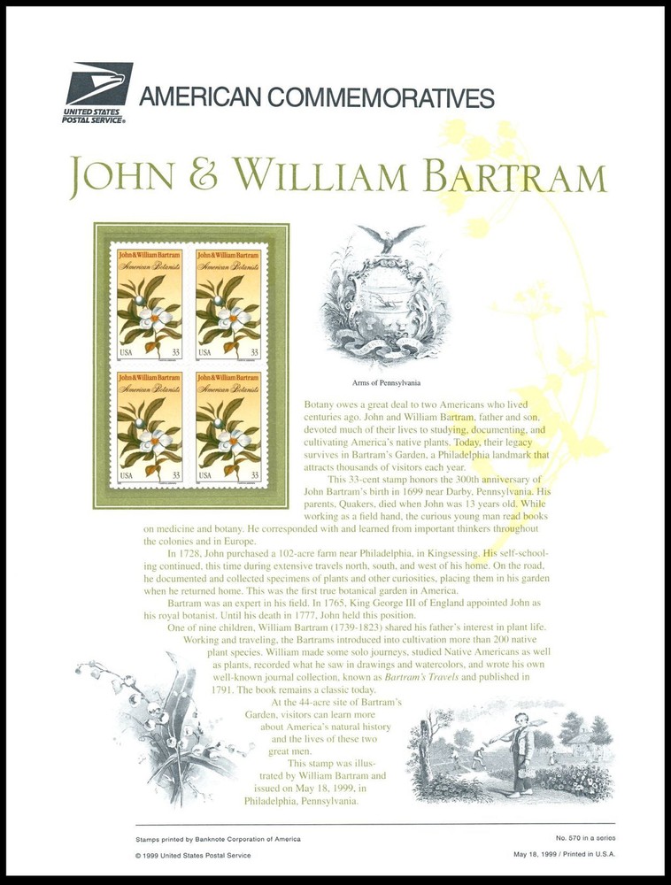 1999 John & William Bartram Botanists CP574 commemorative panel 570 MNH Sc 3314