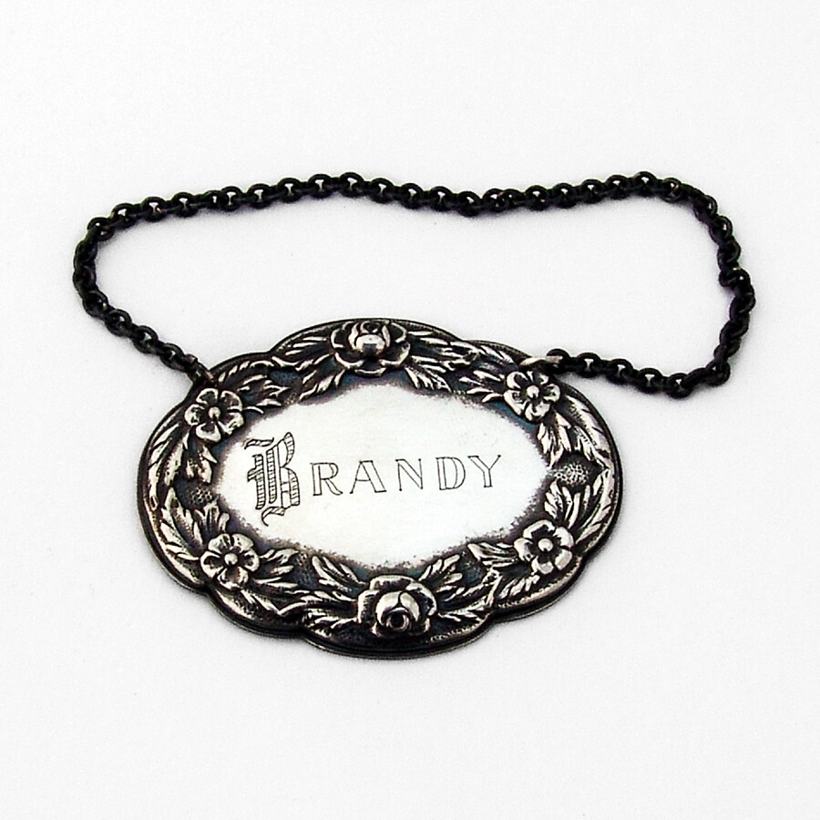 Kirk Repousse Brandy Decanter Bottle Tag Label Sterling Silver