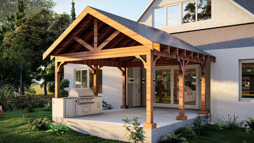 15’x16’ Cedar Canopy DIY Plans – Post Layout, Elevations, 3D Views, Roof Framing