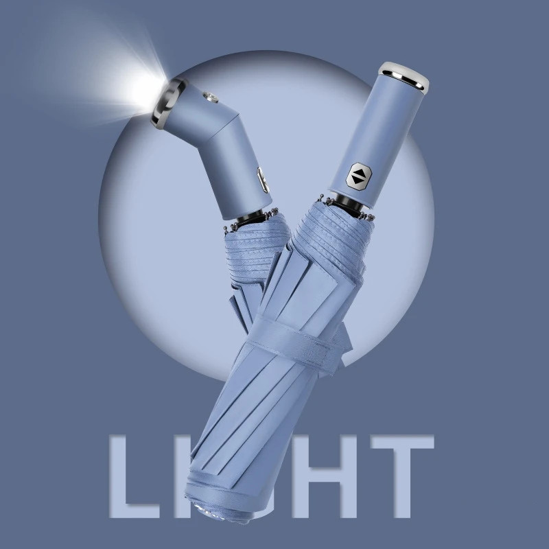 10 bone fully automatic three fold umbrella, rotatable LED flashlight, business