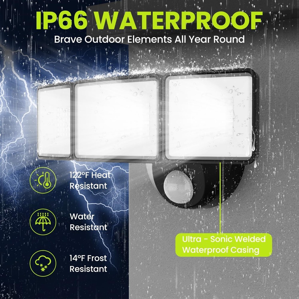 7500LM LED Security Light Motion Sensor Outdoor Lights, Adjustable 3 Head LED