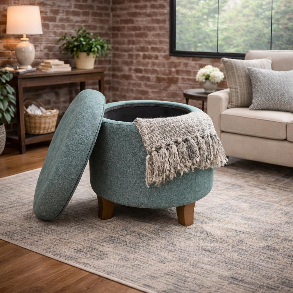 by Kinfine Fabric Upholstered round Storage Ottoman - Button Tufted Ottoman with