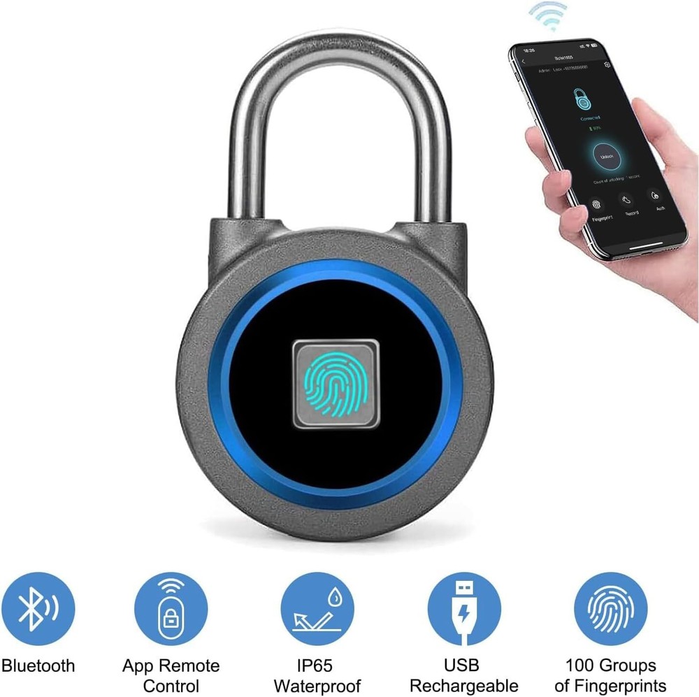 Fingerprint Padlock, Bluetooth Lock, Mobile APP, Smart Padlock, Waterproof, Blue