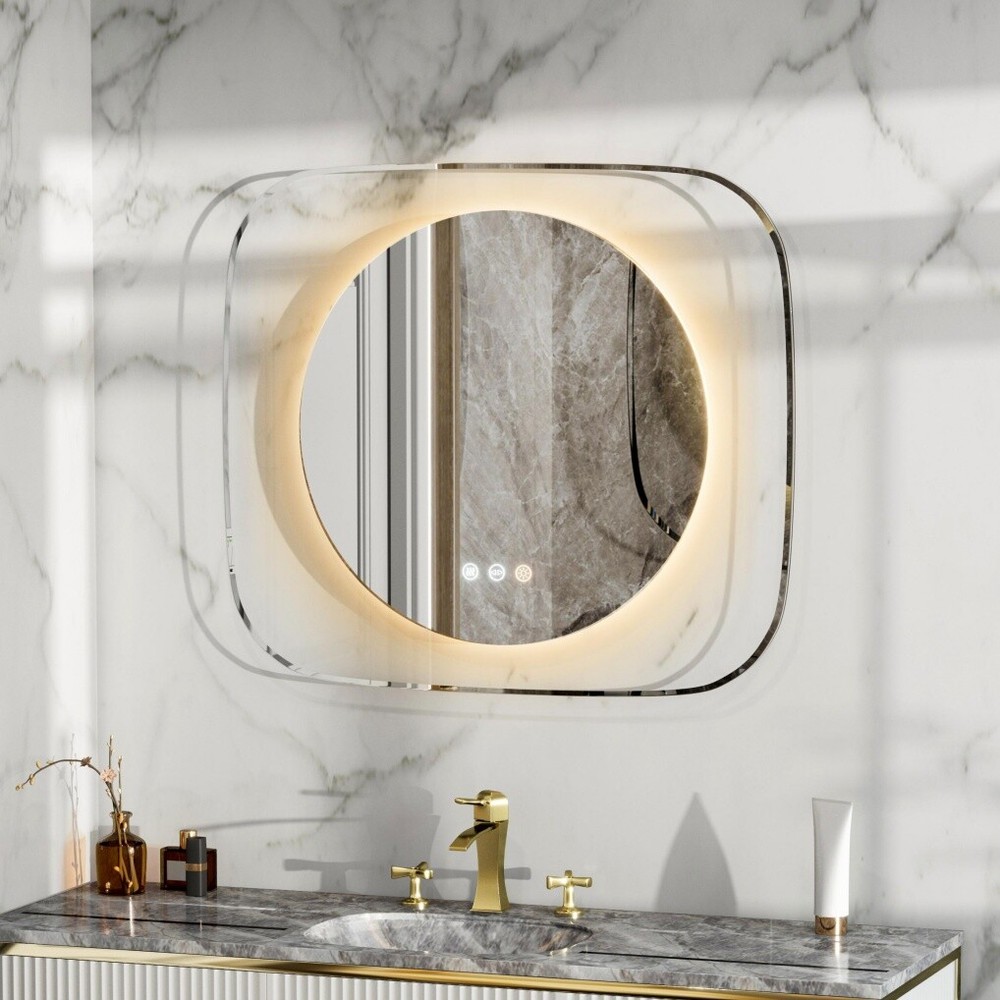 Modern LED Bathroom Mirror w/ Backlit Clear Glass Frame Defog Dimmable Touch HD