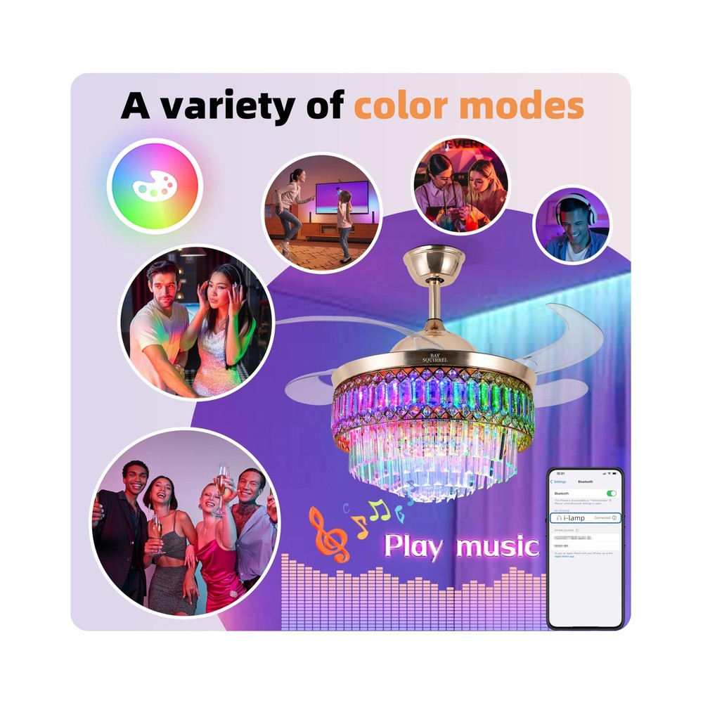 Retractable Crystal Ceiling Fan with Lights and Remote/APP Control, Bluetooth...