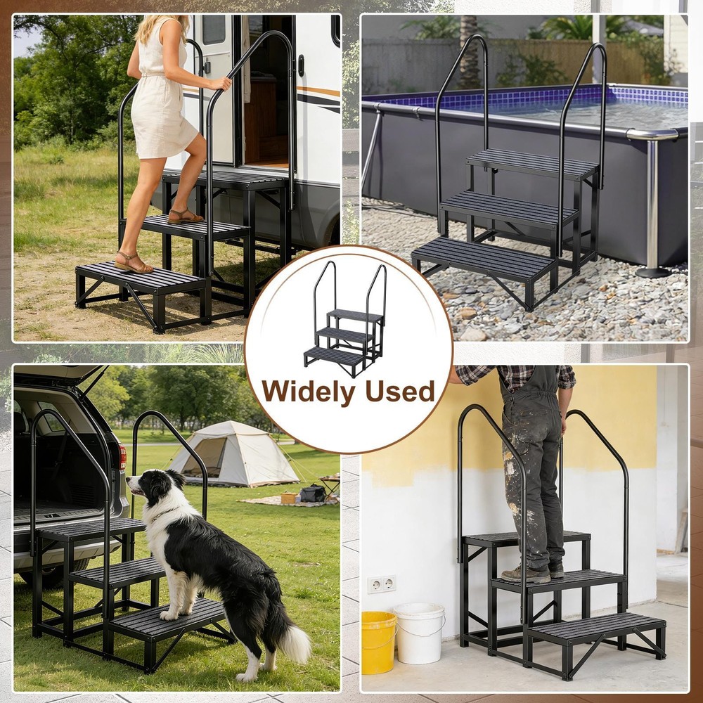 3 Steps RV Steps Outdoor Stairs w/ Handrails, Non-Slip 440lbs