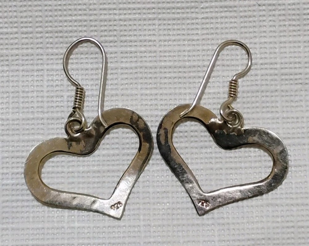 Women's Hammered Open Heart Dangle 925 Silver Earrings