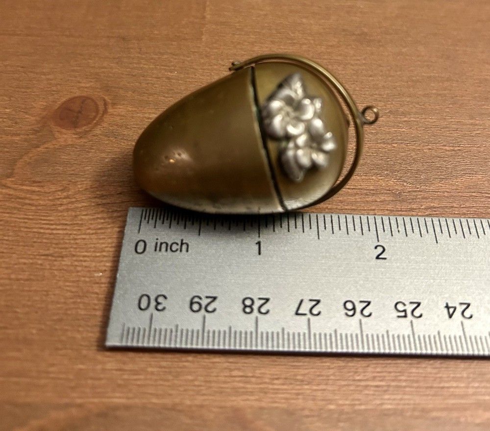 Victorian Brass Thimble Holder Sewing Egg 2" Silver Flowers Chatelaine 1880s