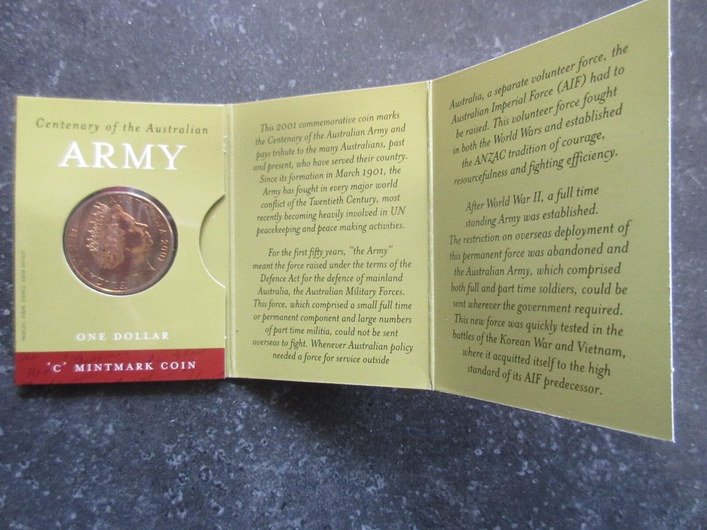 2001 Australia Commemorative Dollar in Folder ARMY C Mintmark