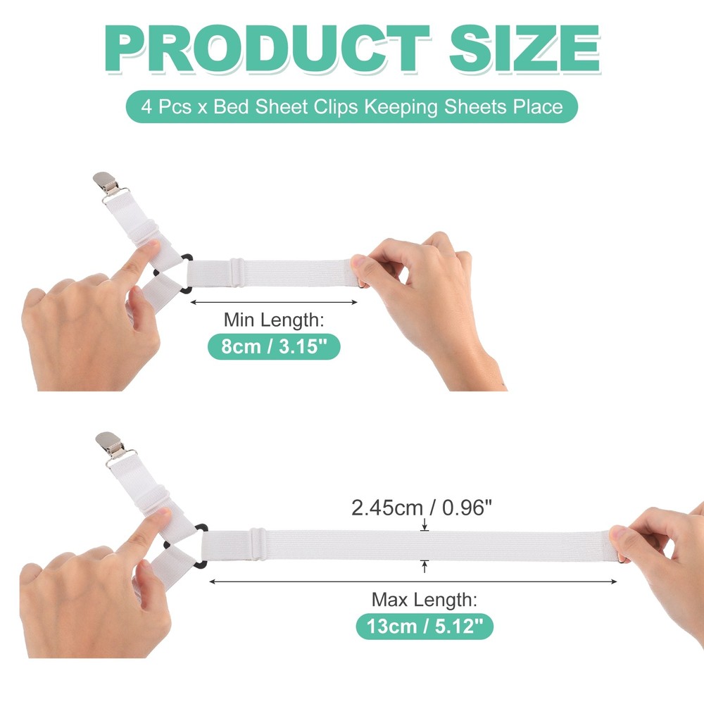 4Pcs Bed Sheet Holder Straps Elastic Adjustable Black Buckle, White