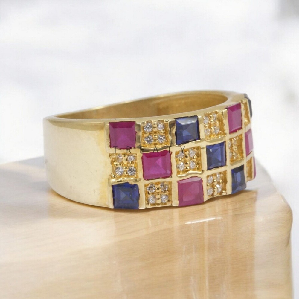 Ruby Square Cut With 14K Solid Gold Ring For Men's #A114