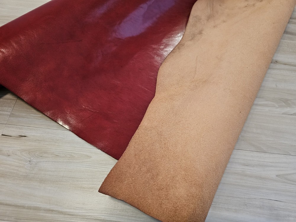 3-4oz RUBY RED FINISHED VEG TAN LEATHER HIDE SINGLE SHOULDER SHEET, PANEL 7+sqf