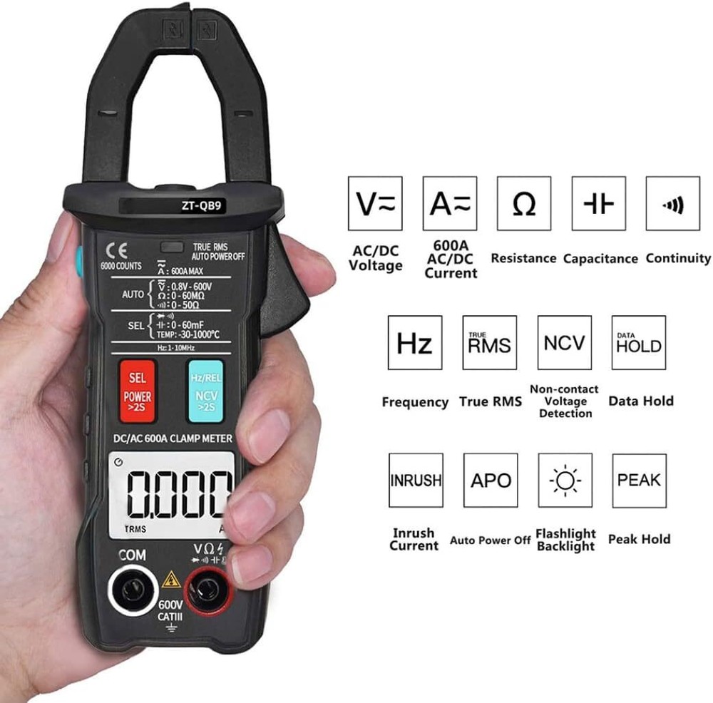 Digital Clamp Meter Professional 6000 Multimeter AC DC 600A Ohm Capacitance TEMP