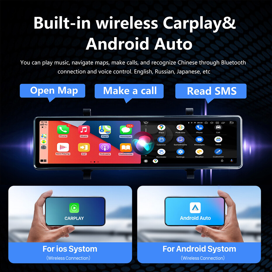 Wireless Carplay Android Auto Car Rearview Mirror Dash Camera Front 4K Dual Cam