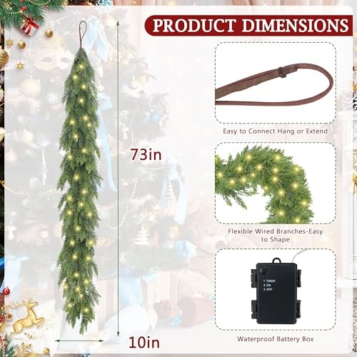 6FT Christmas Cedar Garland with Light, Lighted Real Touch Cedar Garland,
