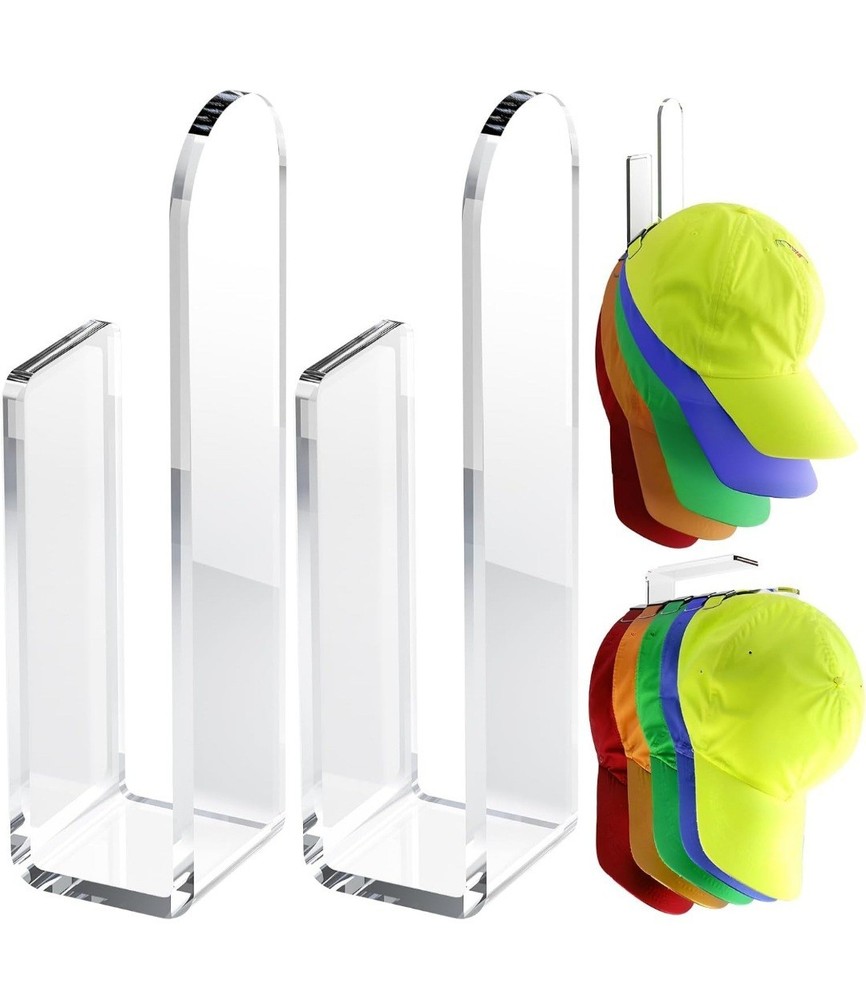 Acrylic Clear Hat Organizer 2 pack, Hat Rack, Adhesive - No Drilling , Multi Use