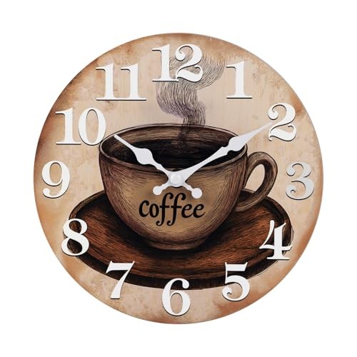 Kitchen Wall Clock Coffee Cup Theme Rustic Modern Glass Clock for 12" Brown