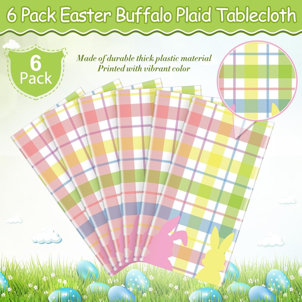 6Pcs Spring Easter Buffalo Plaid Checkered Tablecloth Decorations,Plastic Bun...